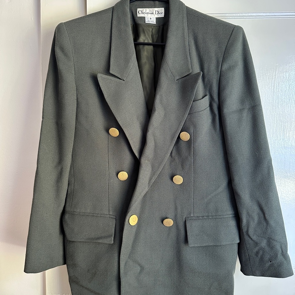 Vintage Christian Dior Green Skirt Suit with Gold Buttons